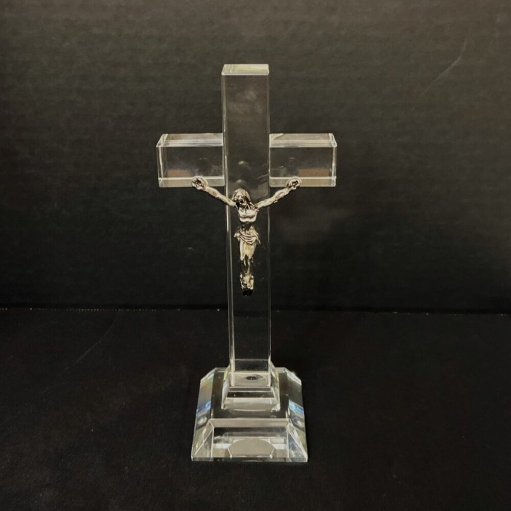 Glass Crucifix‎ Silver/Pewter Toned Jesus Christ on Cross Figurine